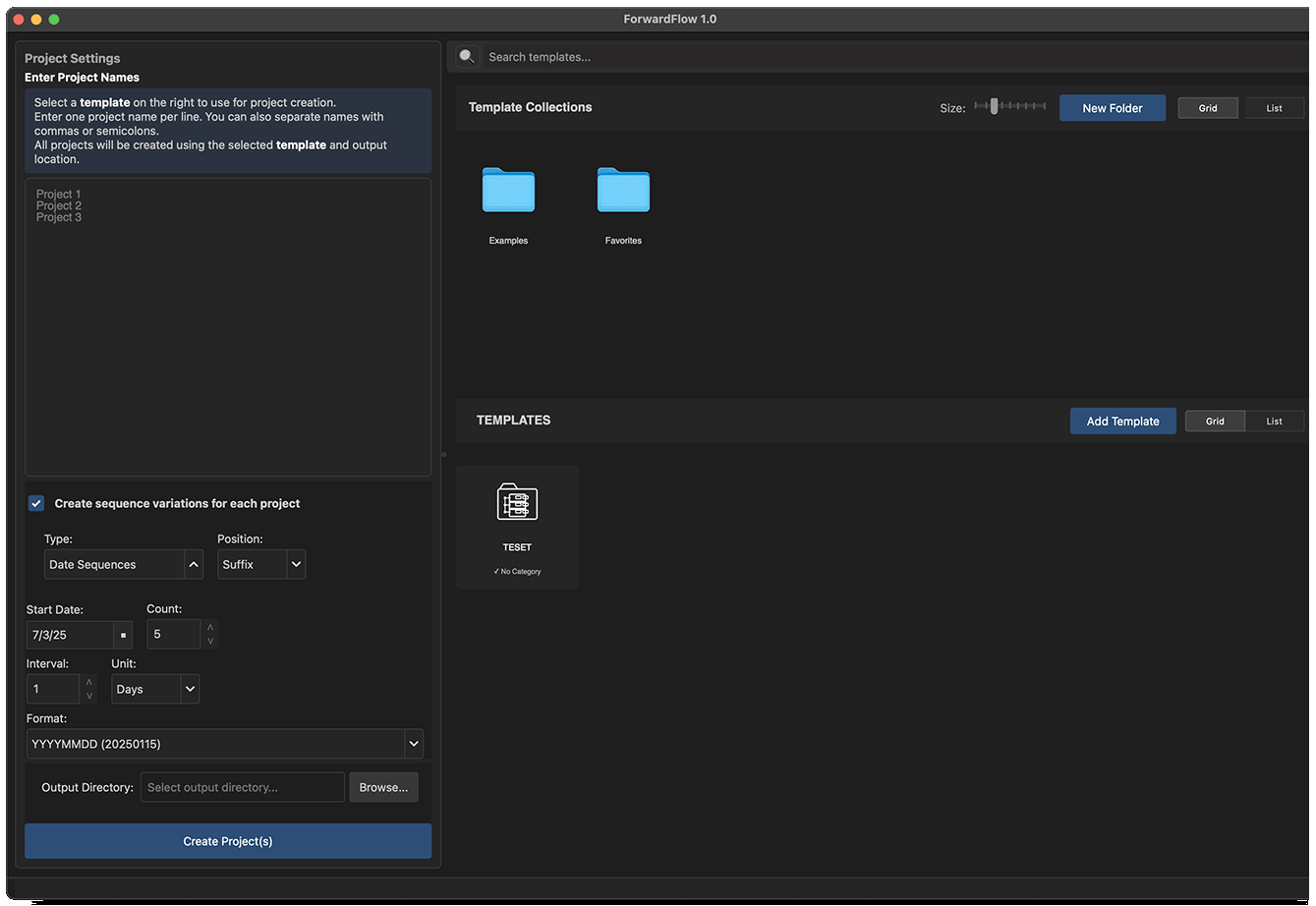 ForwardFlow main application screen showing project settings, template collections, and templates.